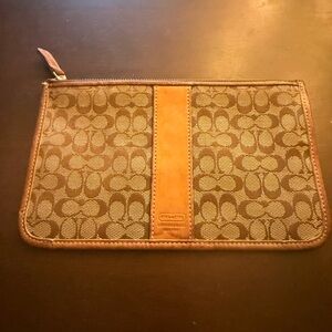 Coach Brown Signature Canvas Zip Pouch with Tan Leather Stripe